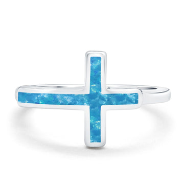 Sideways Cross Ring Rhodium Plated Band Lab Created Blue Opal 925 Sterling Silver (12mm)
